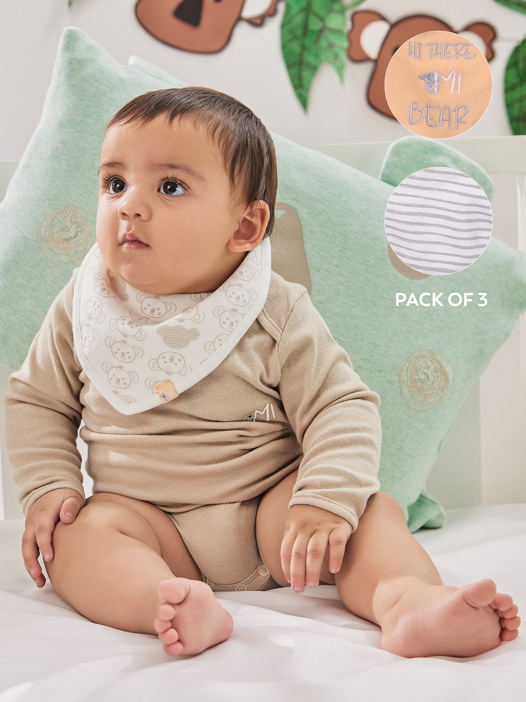 

MiArcus Kids Pack Of 3 White & Beige Printed Dribble Knitted Bibs