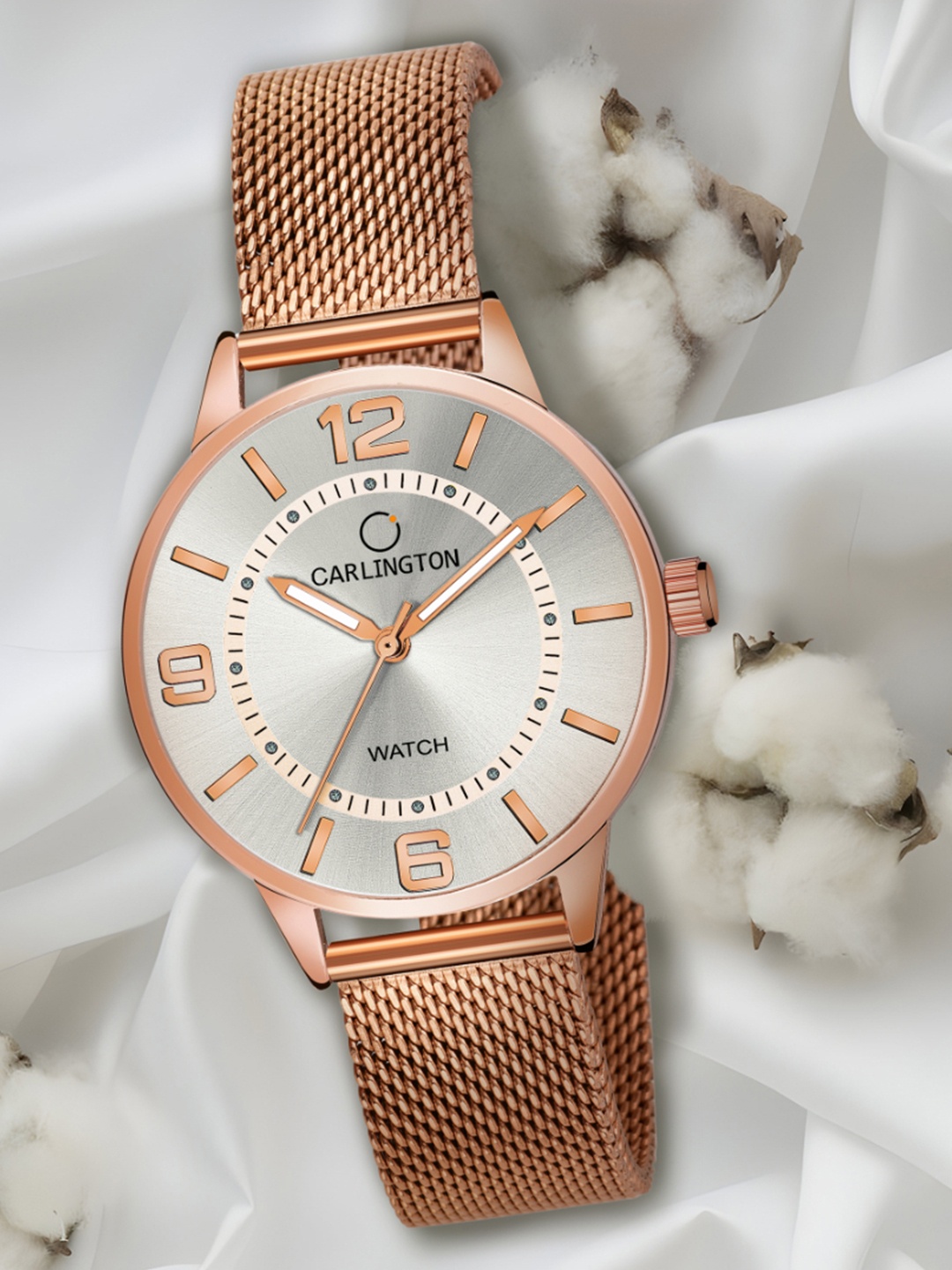 

CARLINGTON Women Silver-Toned Dial & Rose Gold Toned Stainless Steel Bracelet Style Straps Analogue Watch