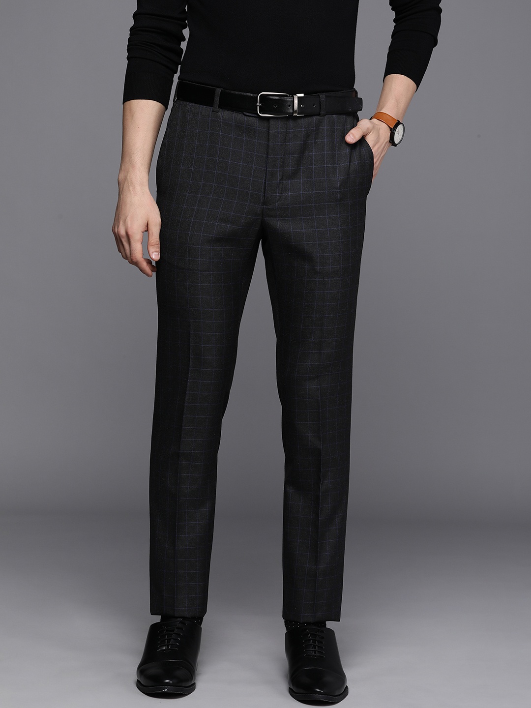 

Raymond Men Black & Blue Checked Mid Rise Slim Fit Formal Trousers
