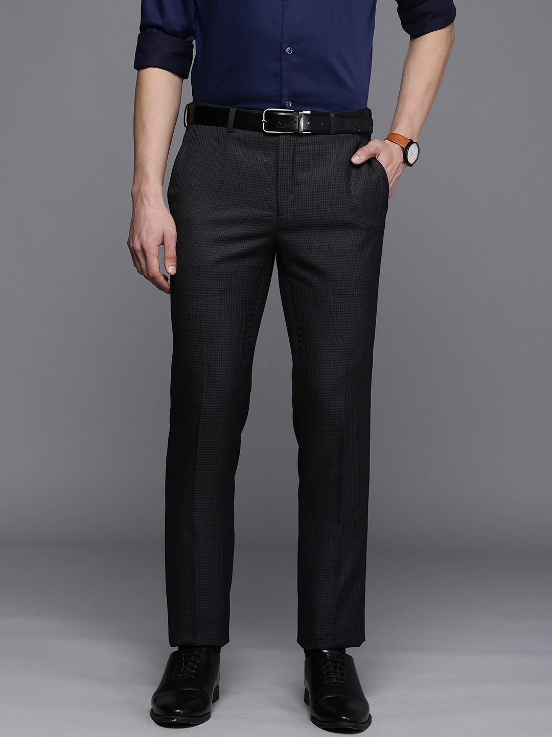 

Raymond Men Navy Blue Self Design Basic Flat Front Slim Fit Formal Trousers