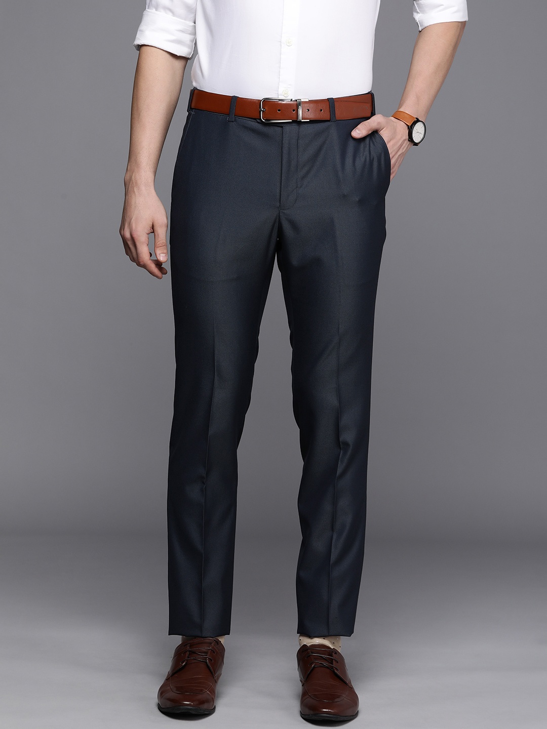

Raymond Men Blue Textured Mid Rise Slim Fit Formal Trousers