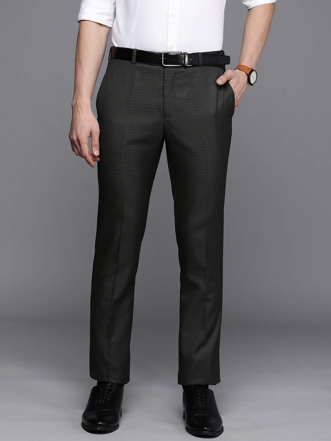 

Raymond Men Charcoal Grey Self-Design Basic Flat Front Slim Fit Formal Trousers