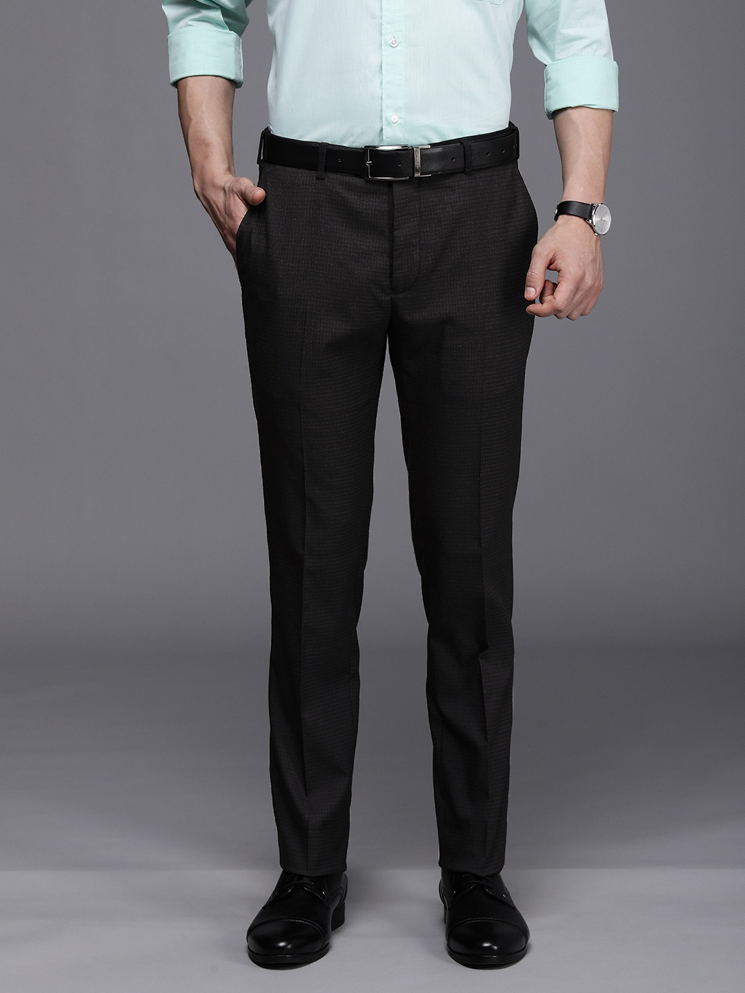

Raymond Men Black Checked Slim Fit Mid Rise Formal Trousers