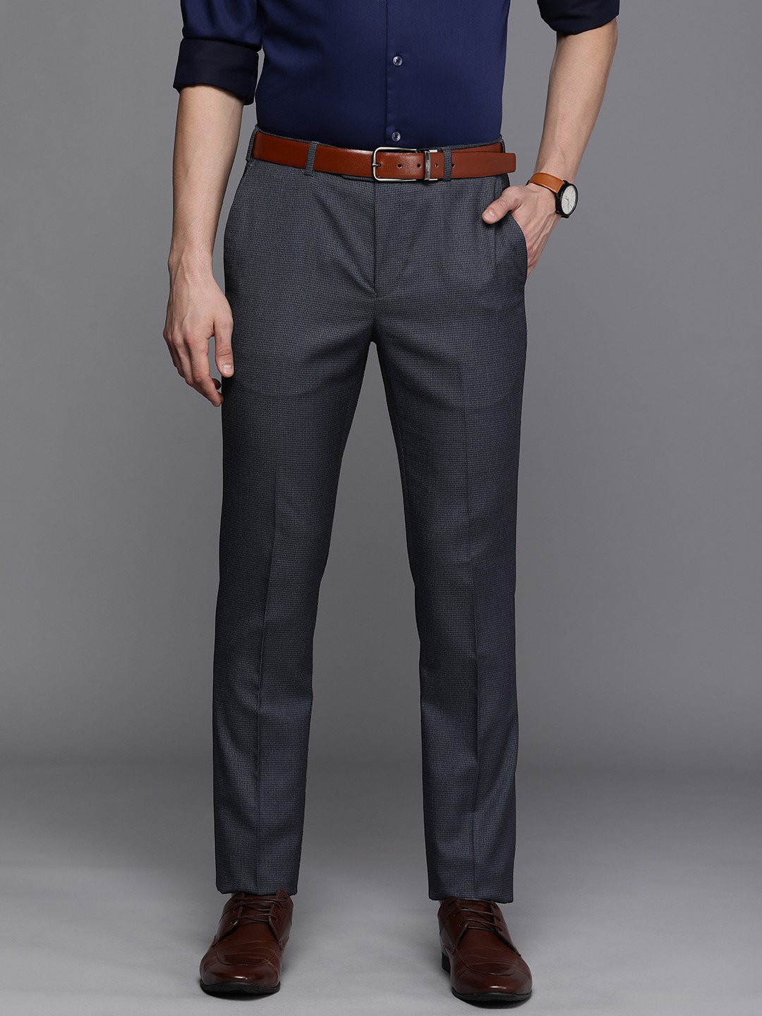 

Raymond Men Dark Blue Checked Basic Flat Front Slim Fit Formal Trousers