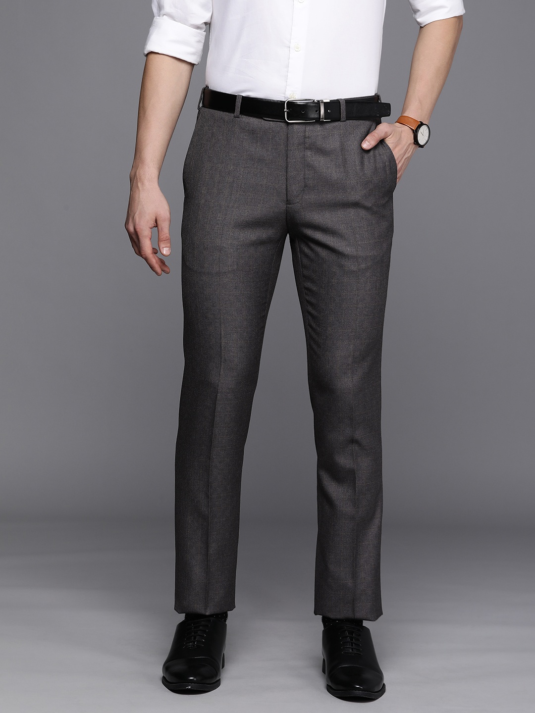 

Raymond Men Grey Checked Basic Flat Front Slim Fit Formal Trousers