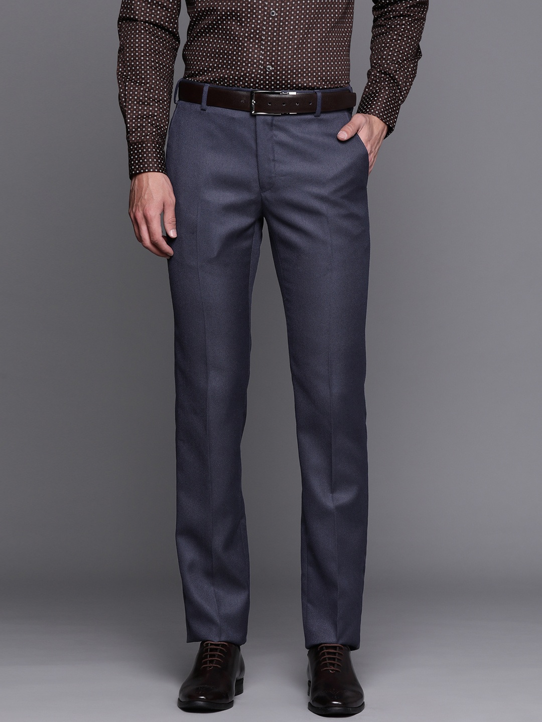 

Raymond Men Navy Blue Textured Slim Fit Formal Trousers