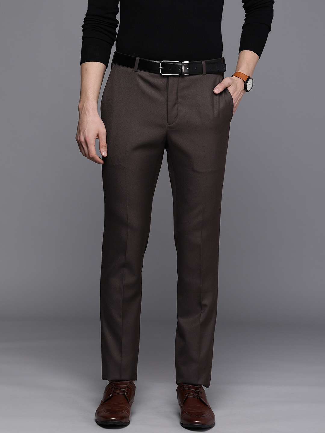 

Raymond Men Brown Solid Slim Fit Basic Flat Front Formal Trousers