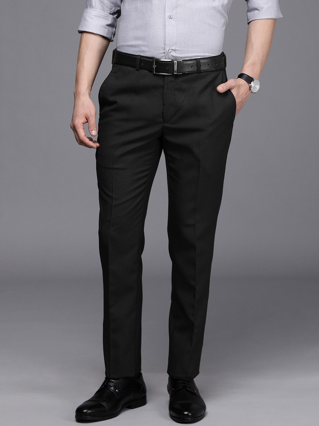 

Raymond Men Black Self Designed Slim Fit Trousers
