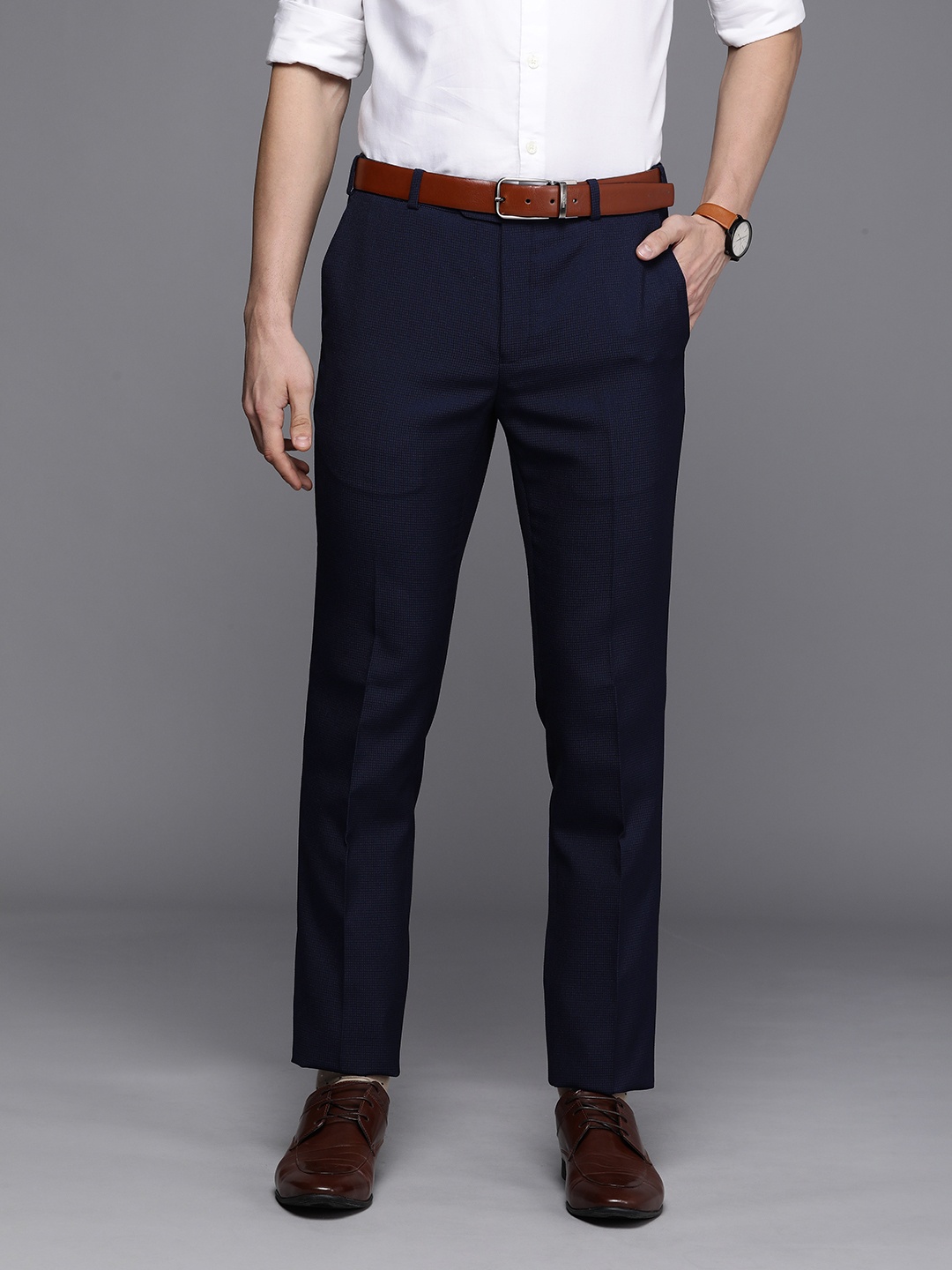 

Raymond Men Blue & Black Checked Mid Rise Slim Fit Formal Trousers