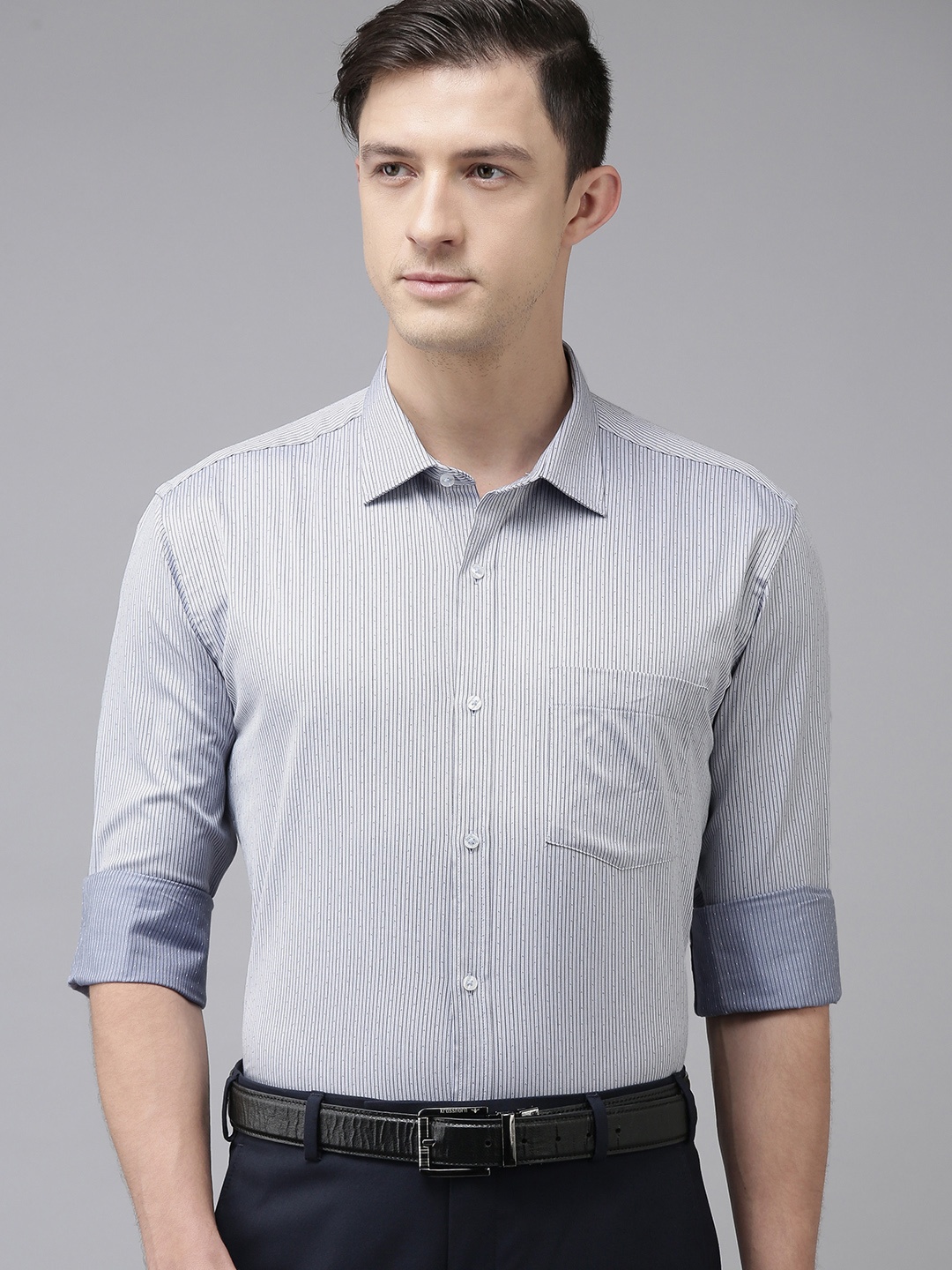 Park Avenue Men Grey Striped Slim Fit Opaque Formal Shirt