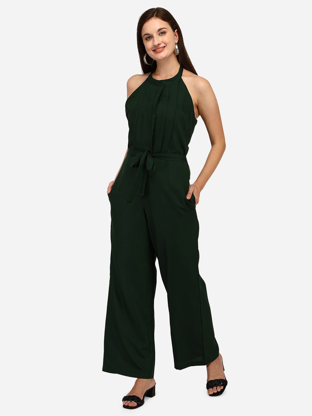 

Yuvraah Green Solid Halter Neck Basic Jumpsuit With Waist Tie-Ups