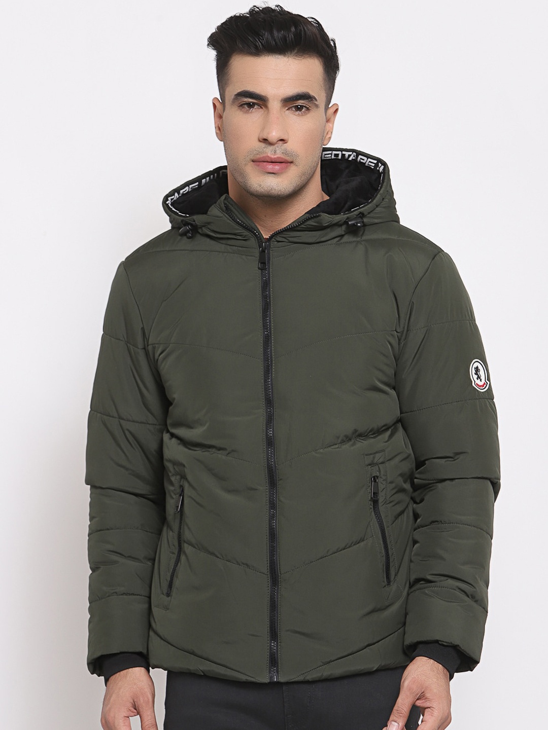 

Red Tape Men Olive Green Padded Jacket with Patchwork