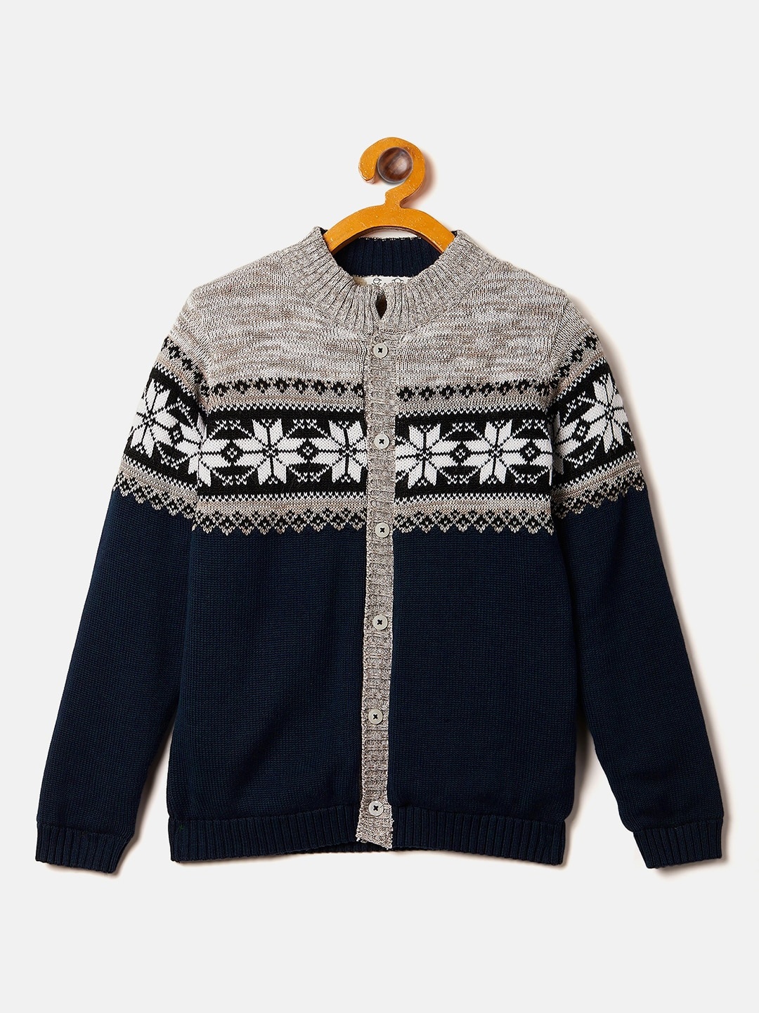 

JWAAQ Boys Navy Blue & Beige Fair Isle Printed Pure Cotton Cardigan