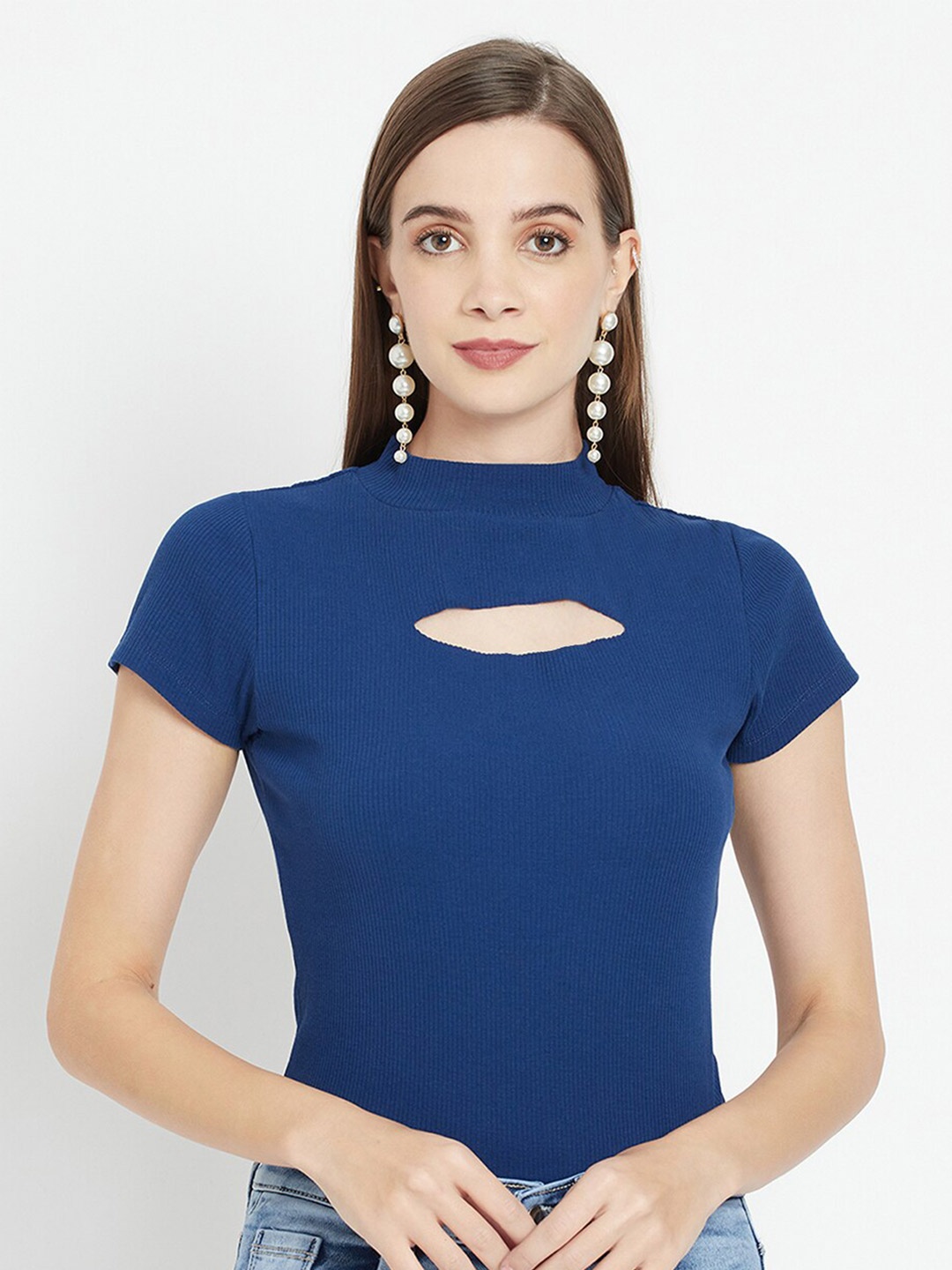 

iki chic Blue Ribbed High Neck Cut Out Knitted Fitted Top