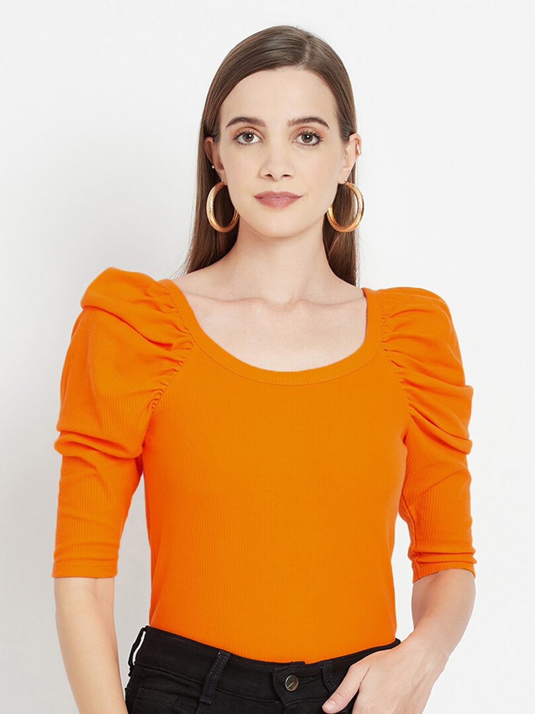 

iki chic Orange Puff Sleeve Bodyhug Top