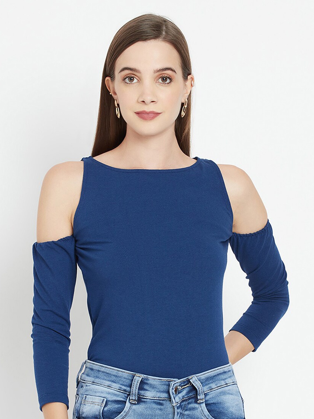 

iki chic Navy Blue Solid Cold Shoulder Sleeve Top