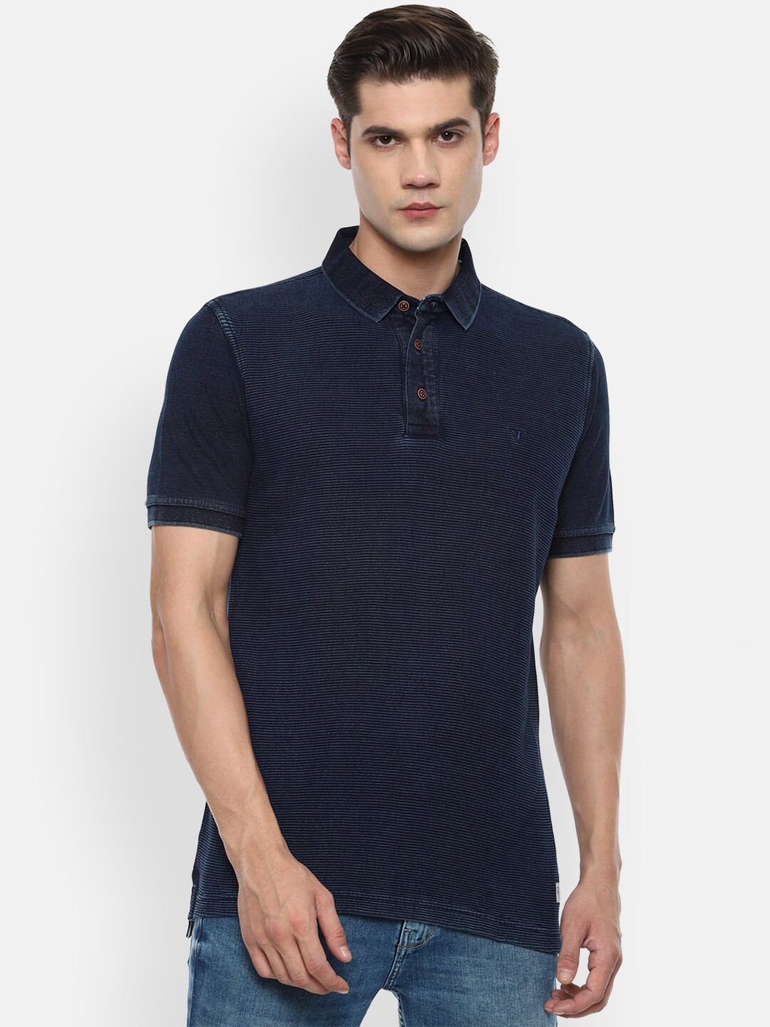 

VAN HEUSEN DENIM LABS Men Navy Blue Polo Collar Pure Cotton T-shirt