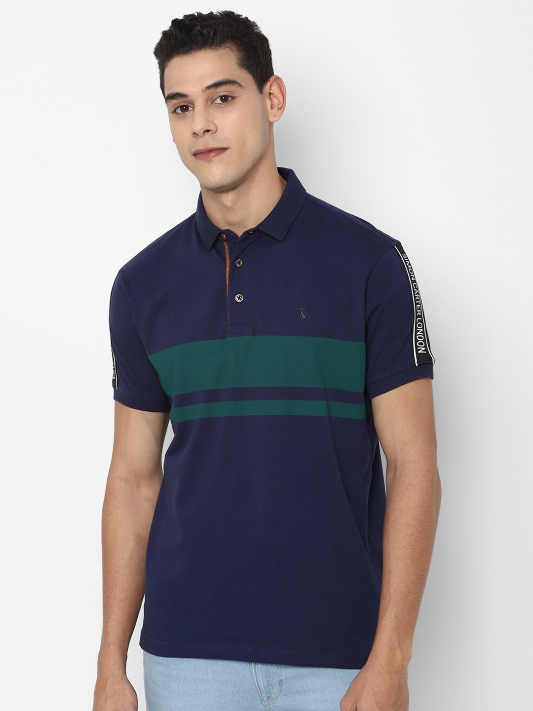 

SIMON CARTER LONDON Men Navy Blue & Green Striped Polo Collar Slim Fit T-shirt