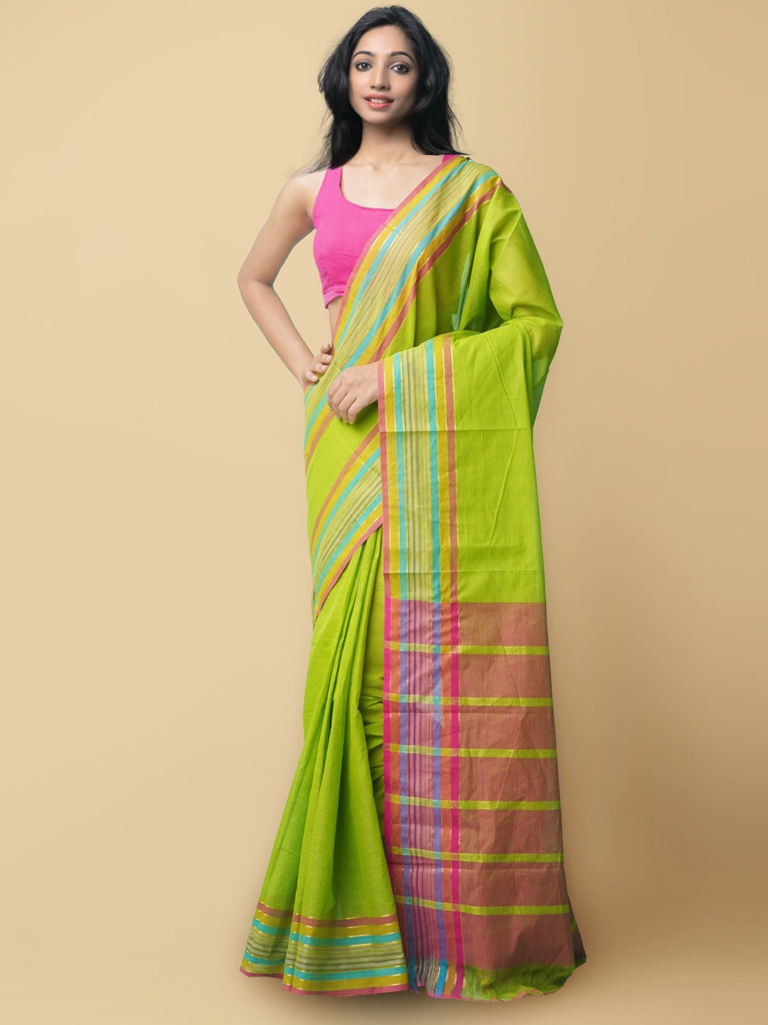 

Unnati Silks Women Green & Pink Pure Pavani Mangalagiri Cotton Sustainable Saree