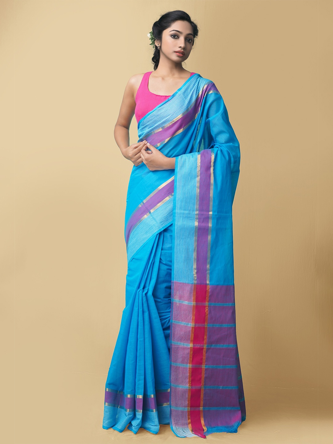 

Unnati Silks Women Blue & Purple Pure Pavani Mangalagiri Cotton Sustainable Saree
