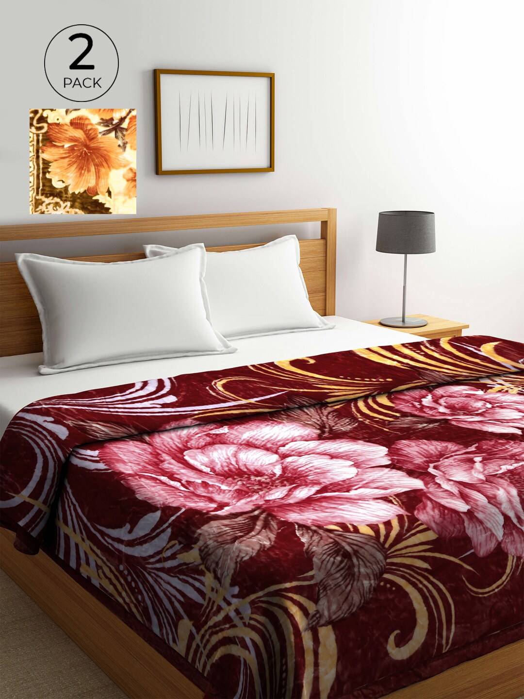 KLOTTHE Pack of 2 Multicoloured 800 GSM Floral Heavy Winter Double Bed Blankets, Multi