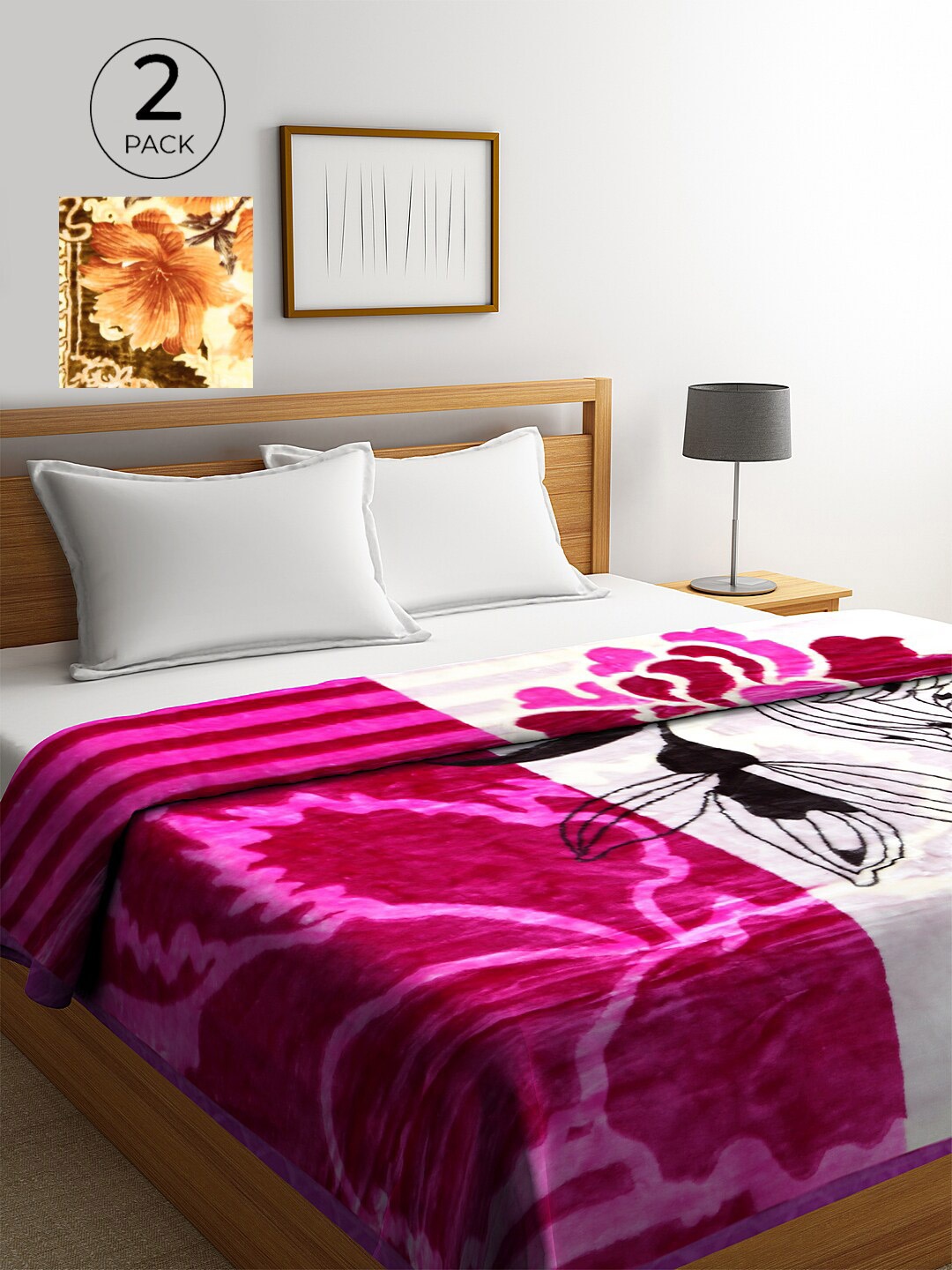 

KLOTTHE Set of 2 Floral Heavy Winter Double Bed Blankets, Olive