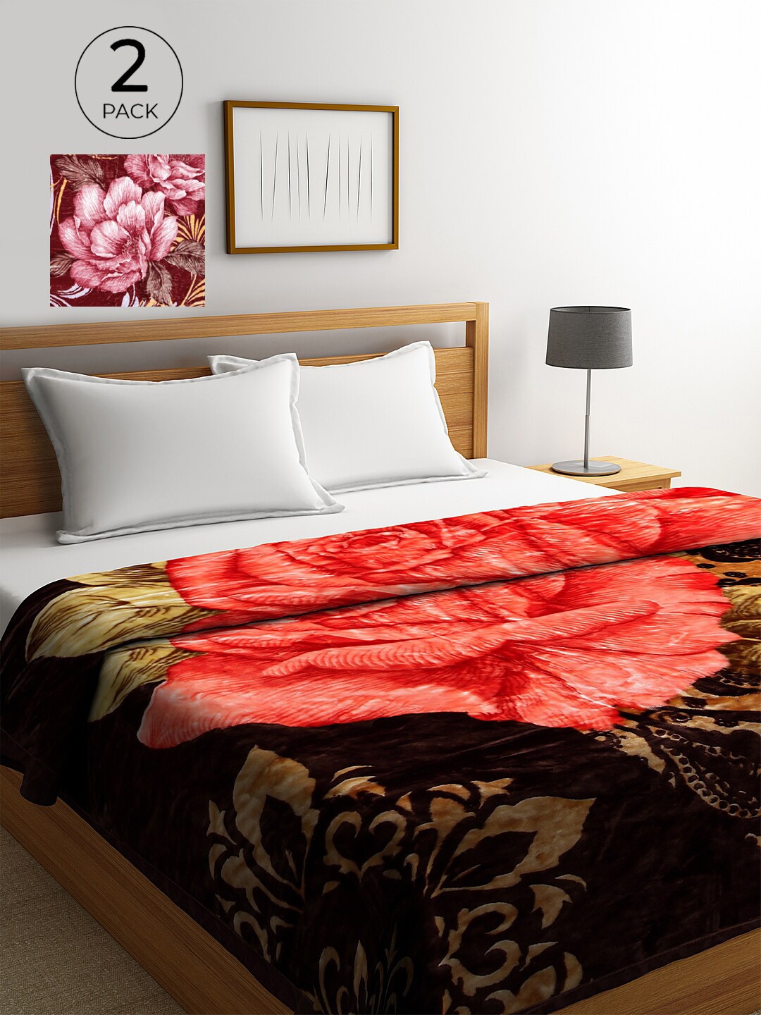 

KLOTTHE Black & Maroon Set of 2 Floral Heavy Winter Double Bed Blankets