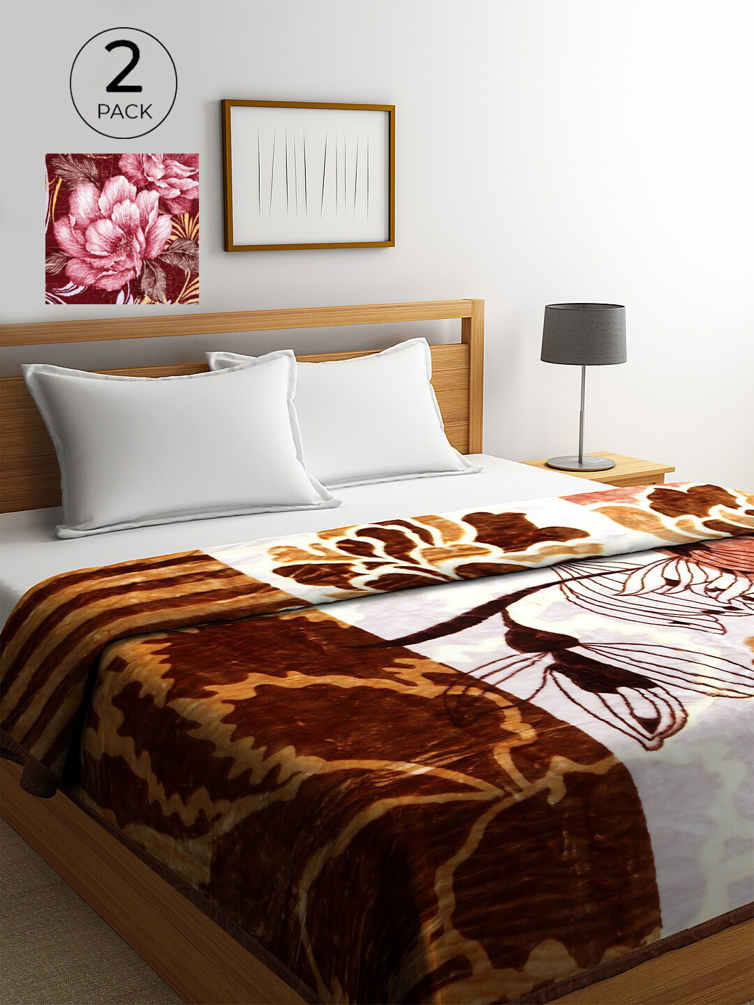 

KLOTTHE White & Brown Set of 2 Floral Heavy Winter Double Bed Blanket