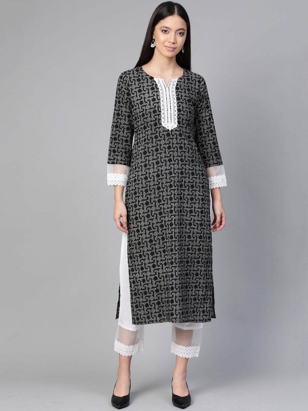 

Indo Era Women Black Geometric Printed Cotton Kurta