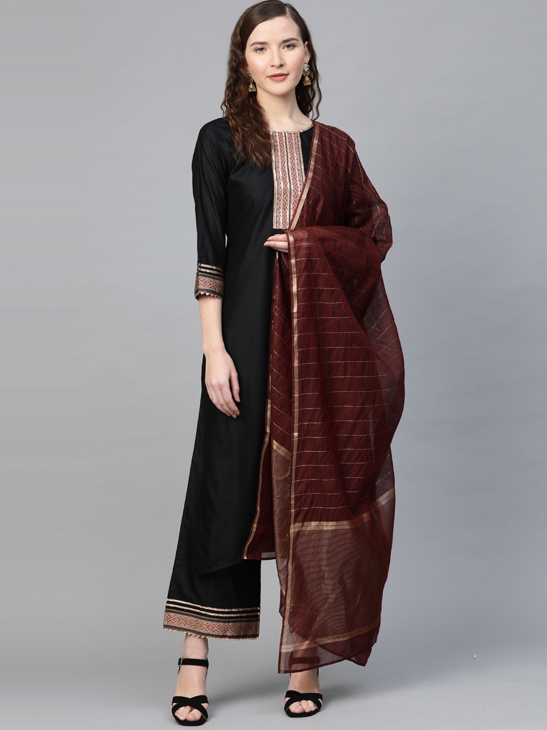 

Indo Era Women Black Regular Patchwork Kurta with Palazzos & With Dupatta