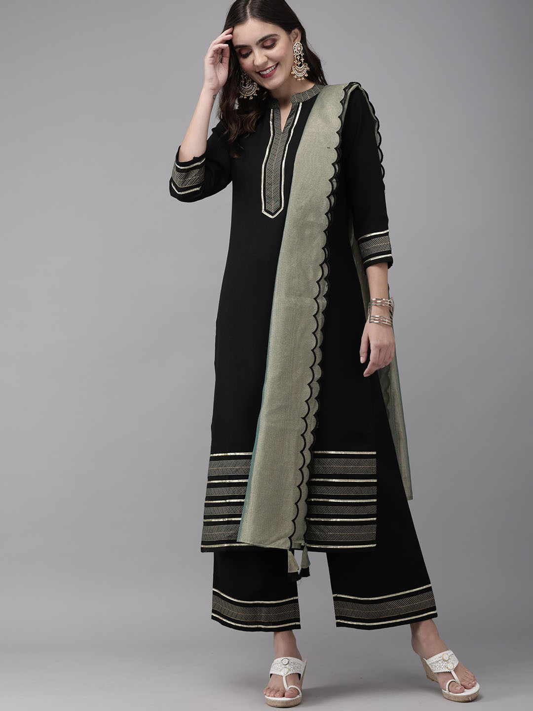 

Indo Era Women Black Printed Pleated Liva Kurti with Palazzos & With Dupatta