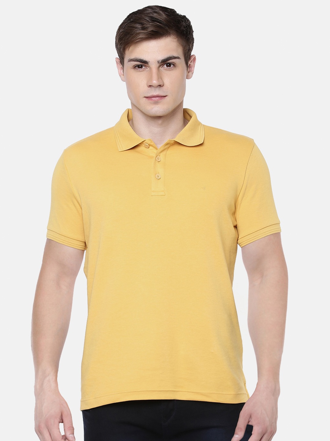 

Unibro Men Mustard Yellow Pure Cotton Solid Polo Collar Slim Fit T-shirt