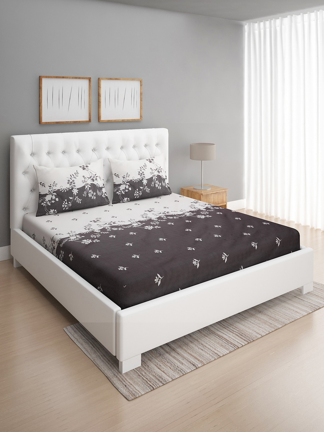 

ROMEE Black & White Floral 144 TC Queen Bedsheet with 2 Pillow Covers