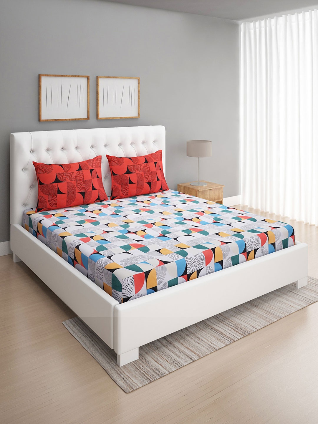 

ROMEE White & Blue Geometric 144 TC Microfiber Queen Bedsheet with 2 Pillow Covers