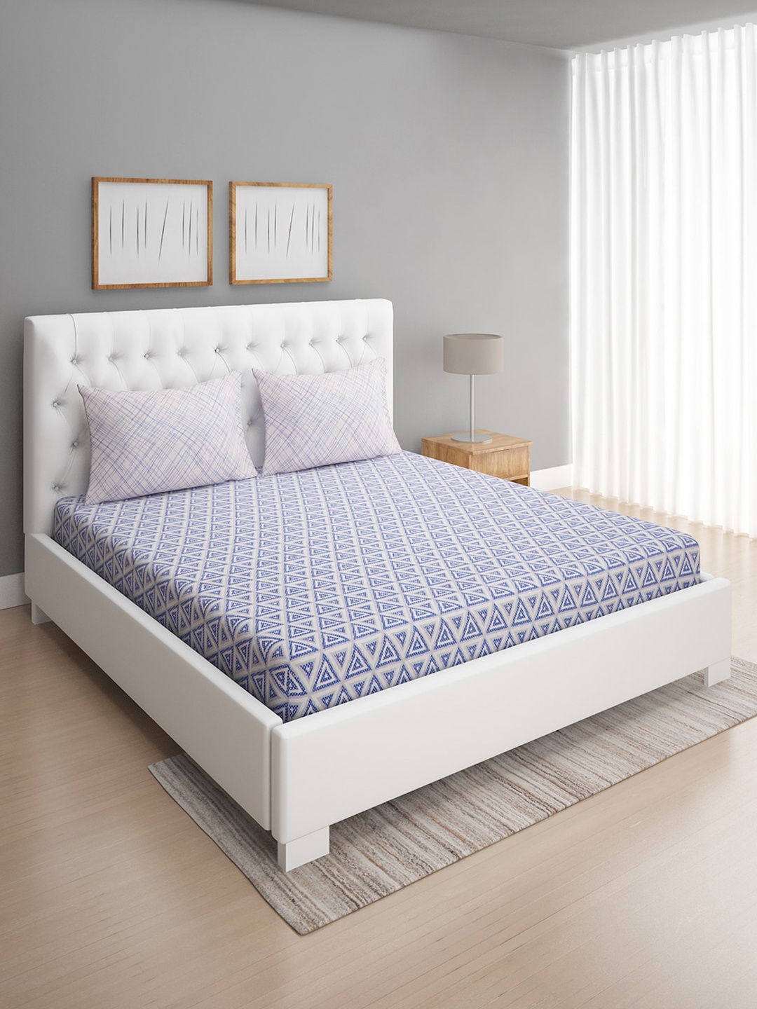 

ROMEE 144 TC White Geometric Print Microfiber Double Bedsheet with 2 Pillow Covers