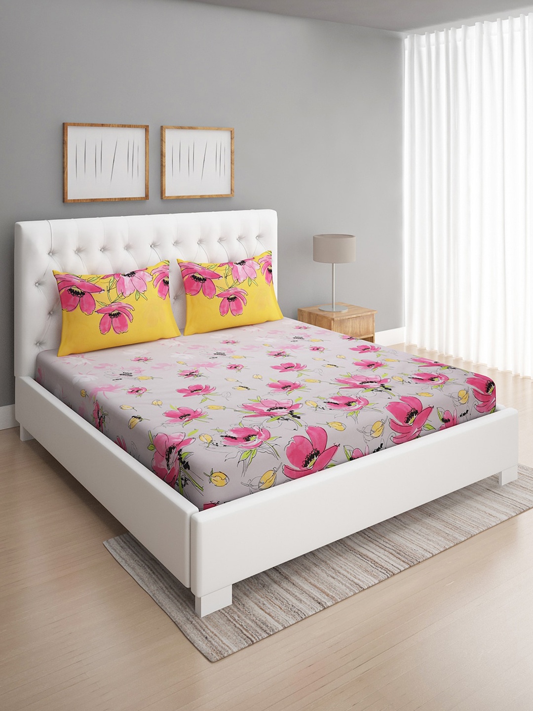

ROMEE Grey & Pink Floral 144 TC Microfiber Queen Bedsheet with 2 Pillow Covers