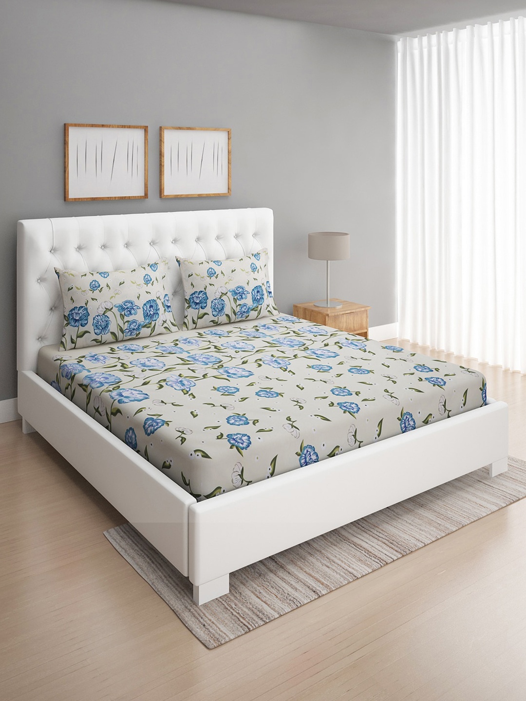 

ROMEE Off White & Blue Floral 144 TC Microfiber Queen Bedsheet with 2 Pillow Covers