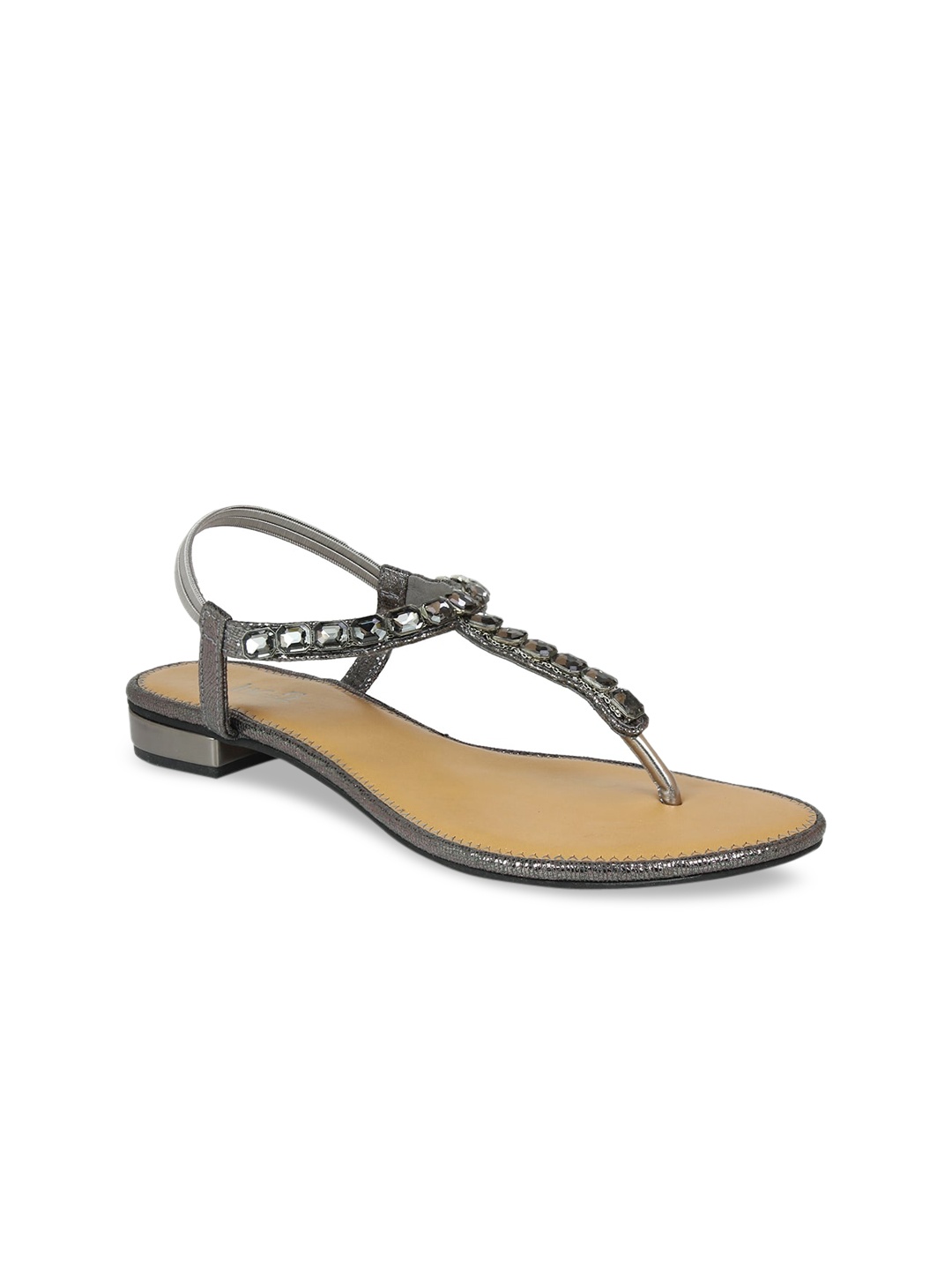 

Inc 5 Women Gun Metal-Toned Embellished T-Strap Flats, Metallic