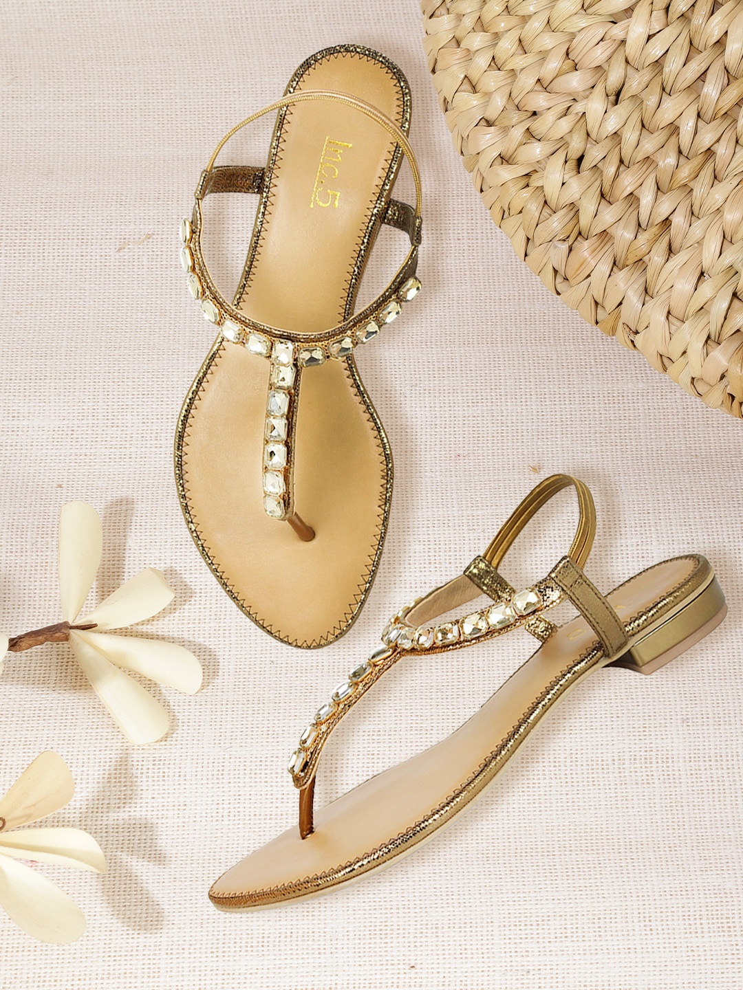 

Inc 5 Gold-Toned Embellished Block Sandals