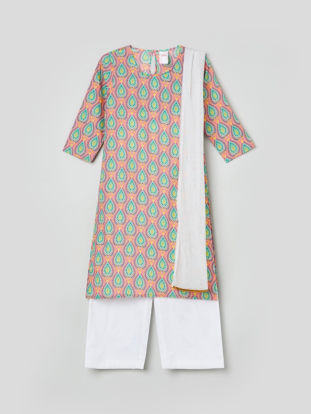 

max Girls Peach & White Ethnic Motifs Printed Pure Cotton Kurta with Pyjamas & Dupatta