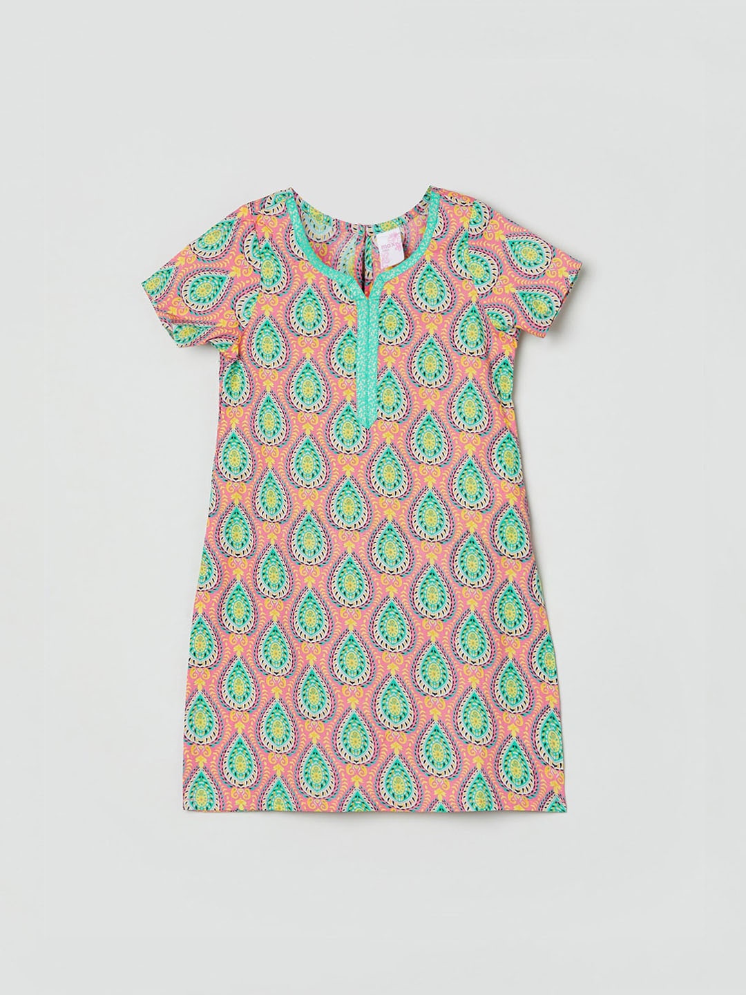 

max Girls Pink & Green Geometric Printed Pure Cotton Kurta