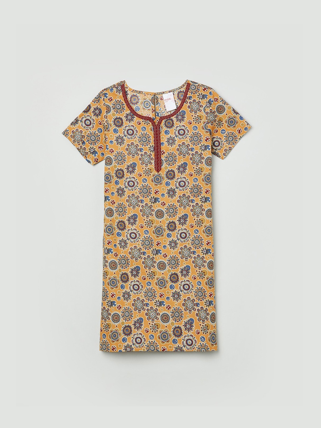 

max Girls Mustard Brown & Blue Floral Printed Pure Cotton Straight Kurta