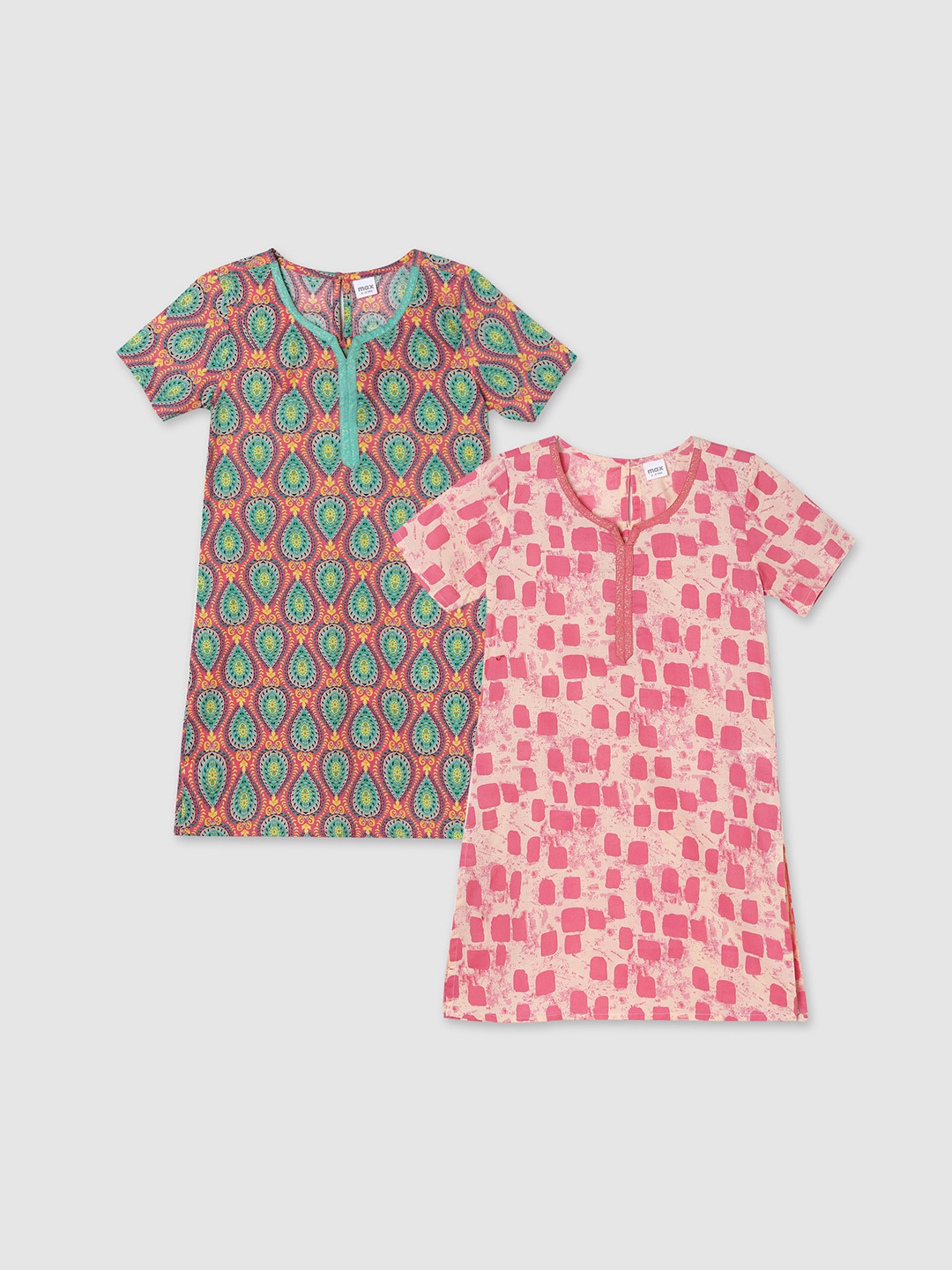 

max Girls Pack Of 2 Pure Cotton Printed Straight Kurtas, Pink