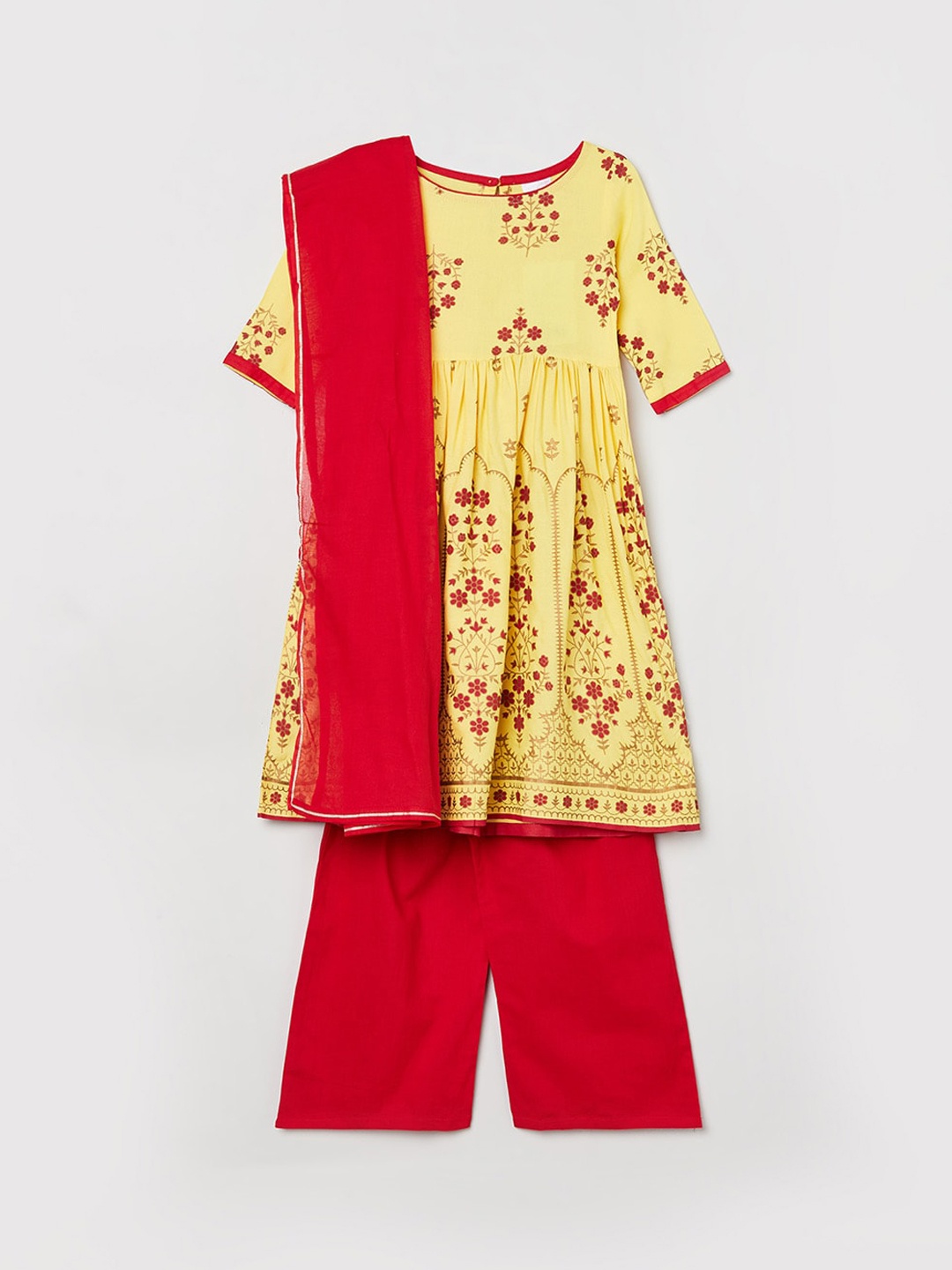 

max Girls Yellow & Red Floral Printed Pleated Kurta With Palazzos & Dupatta