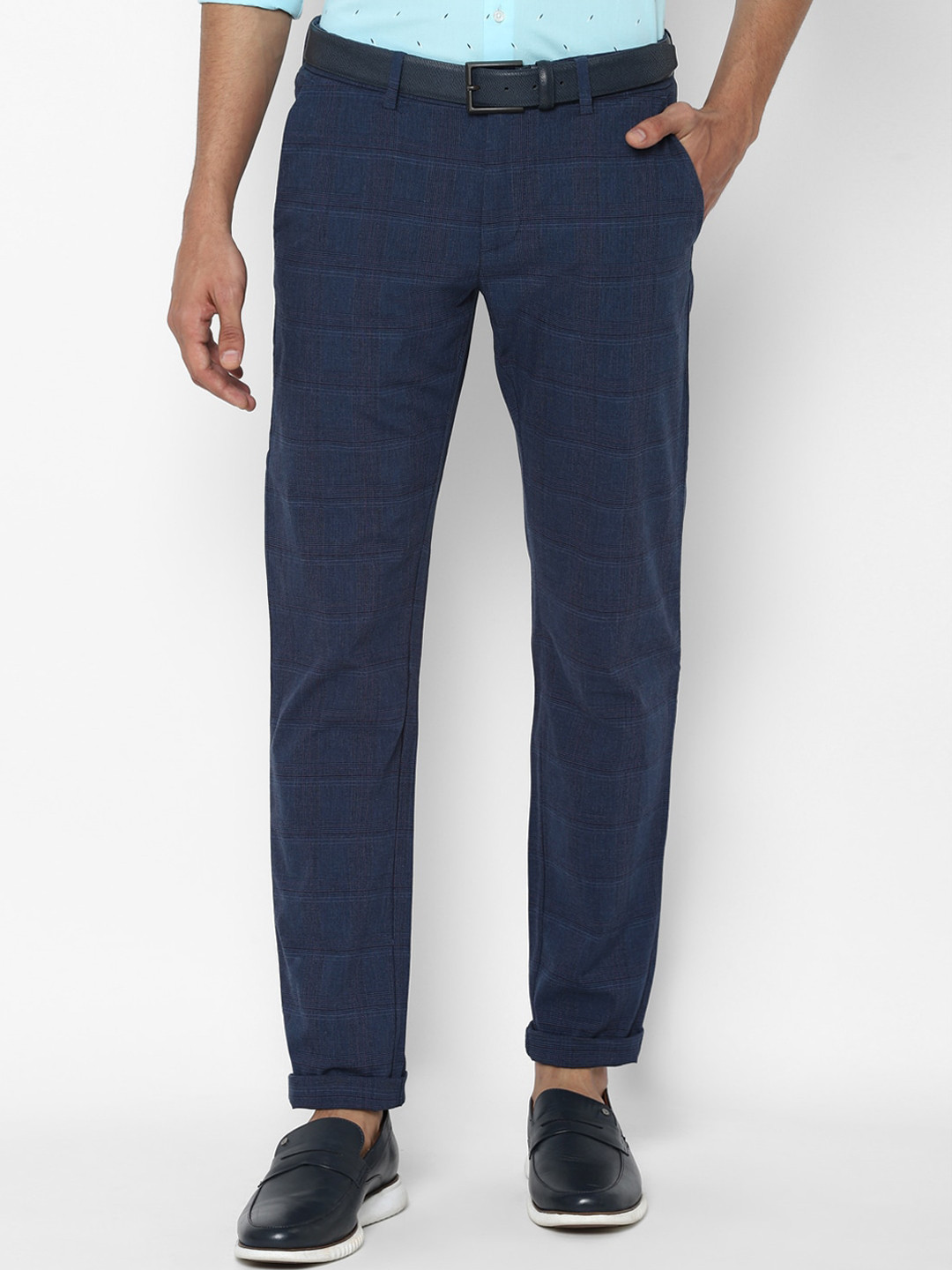 

Allen Solly Men Navy Blue Checked Slim Fit Trousers