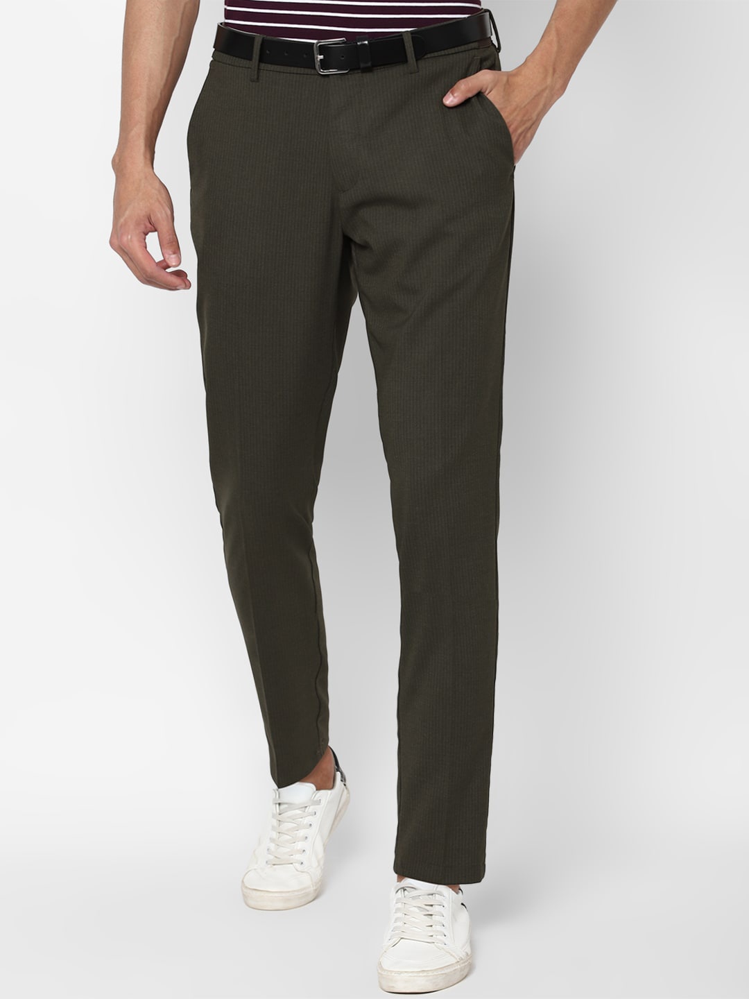 

Allen Solly Men Olive Green Striped Slim Fit Trousers