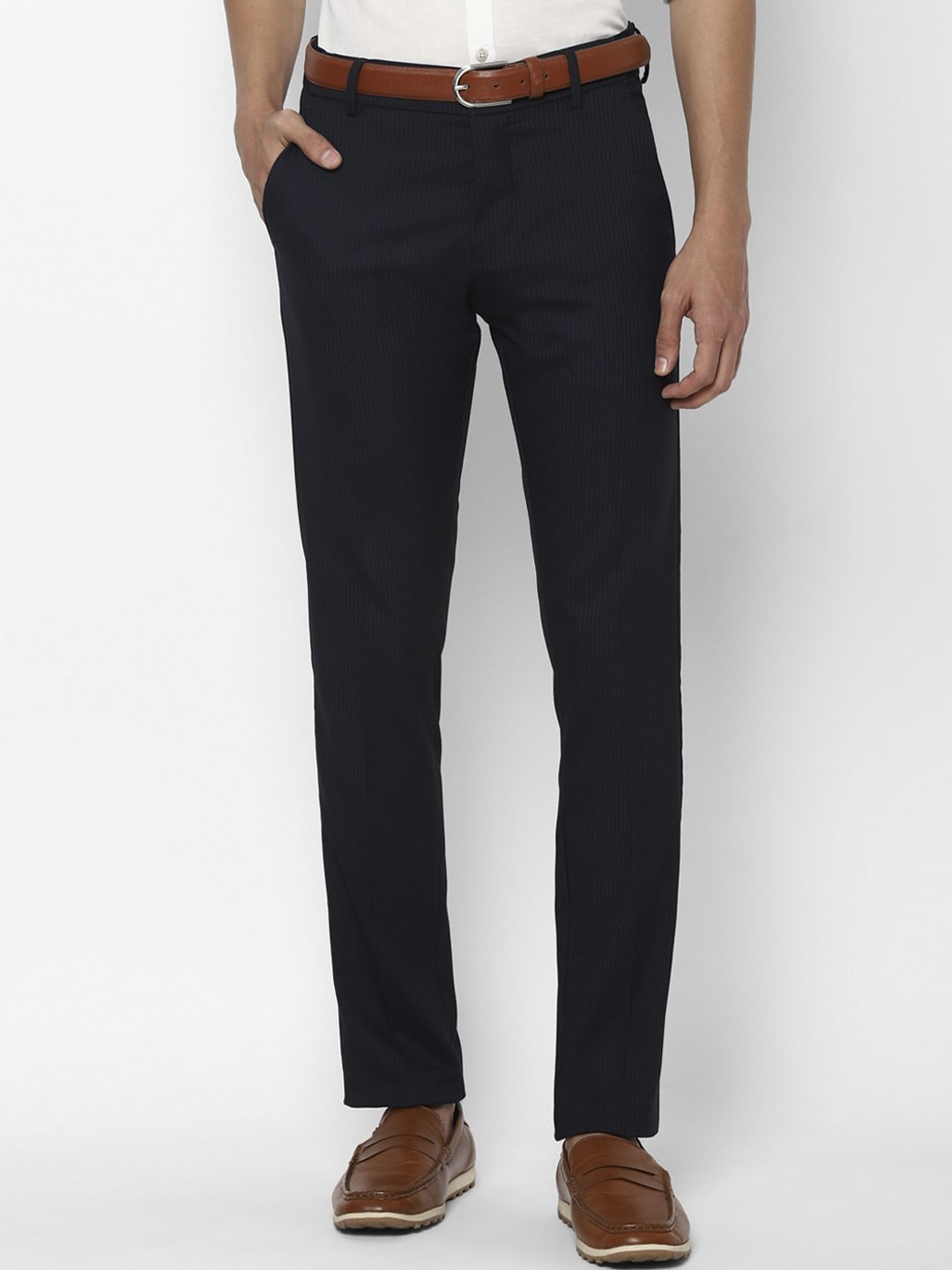 

Allen Solly Men Navy Blue Striped Slim Fit Trousers