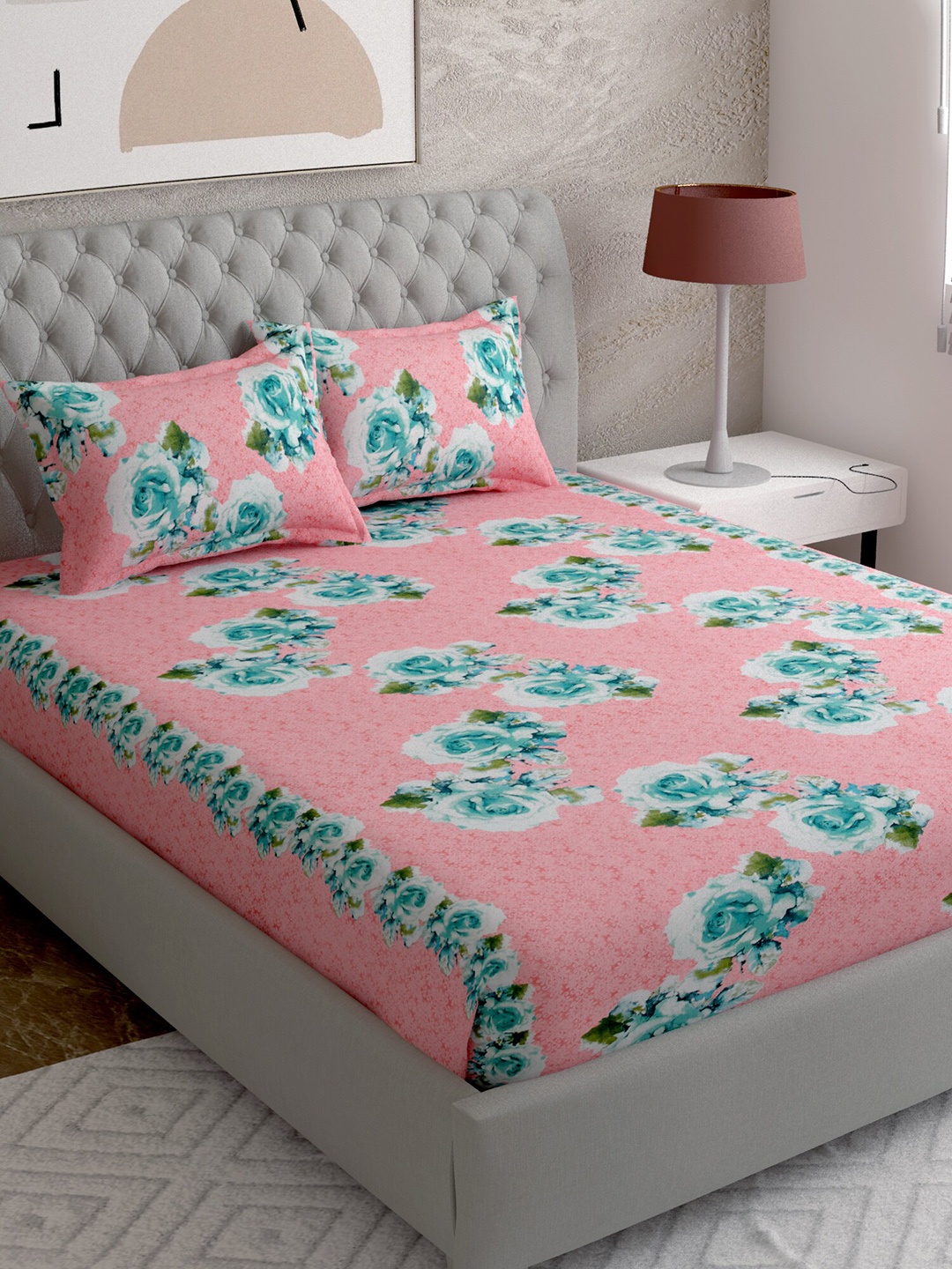 

EverHOME Pink & Sea Green Floral Printed 210 TC Queen Bedsheet With 2 Pillow Covers