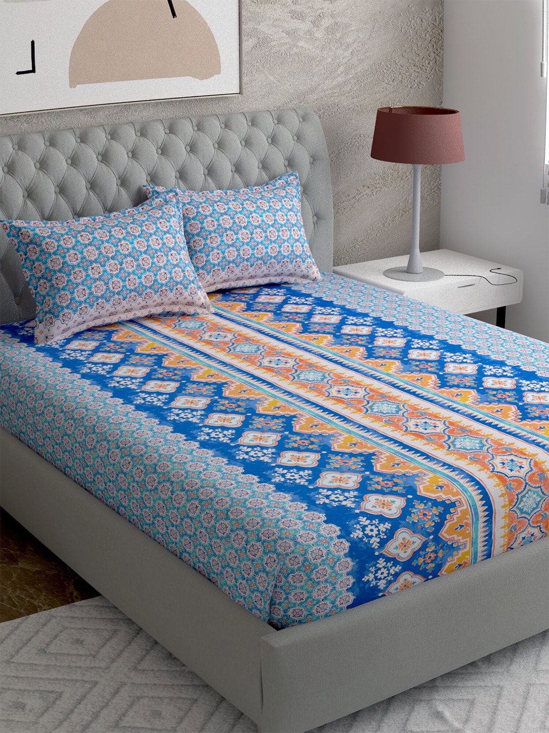 

EverHOME Blue & White Geometric 210 TC Queen Cotton Bedsheet with 2 Pillow Covers