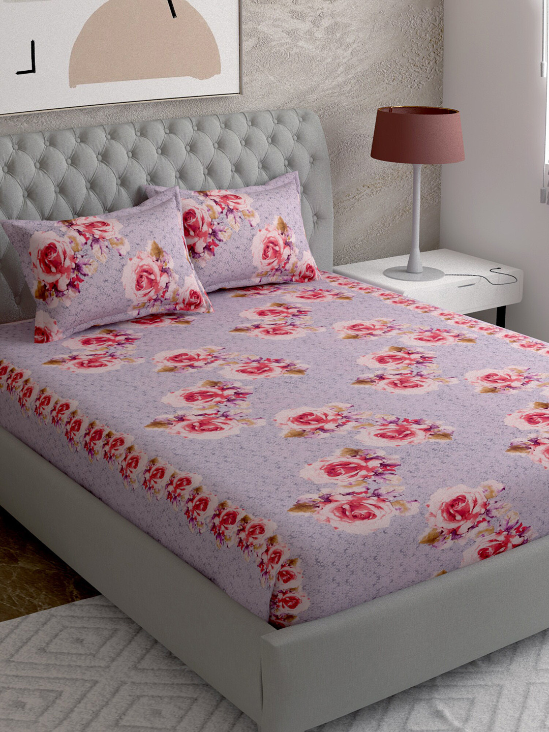

EverHOME Lavender & Red Floral 210 TC Queen Bedsheet with 2 Pillow Covers